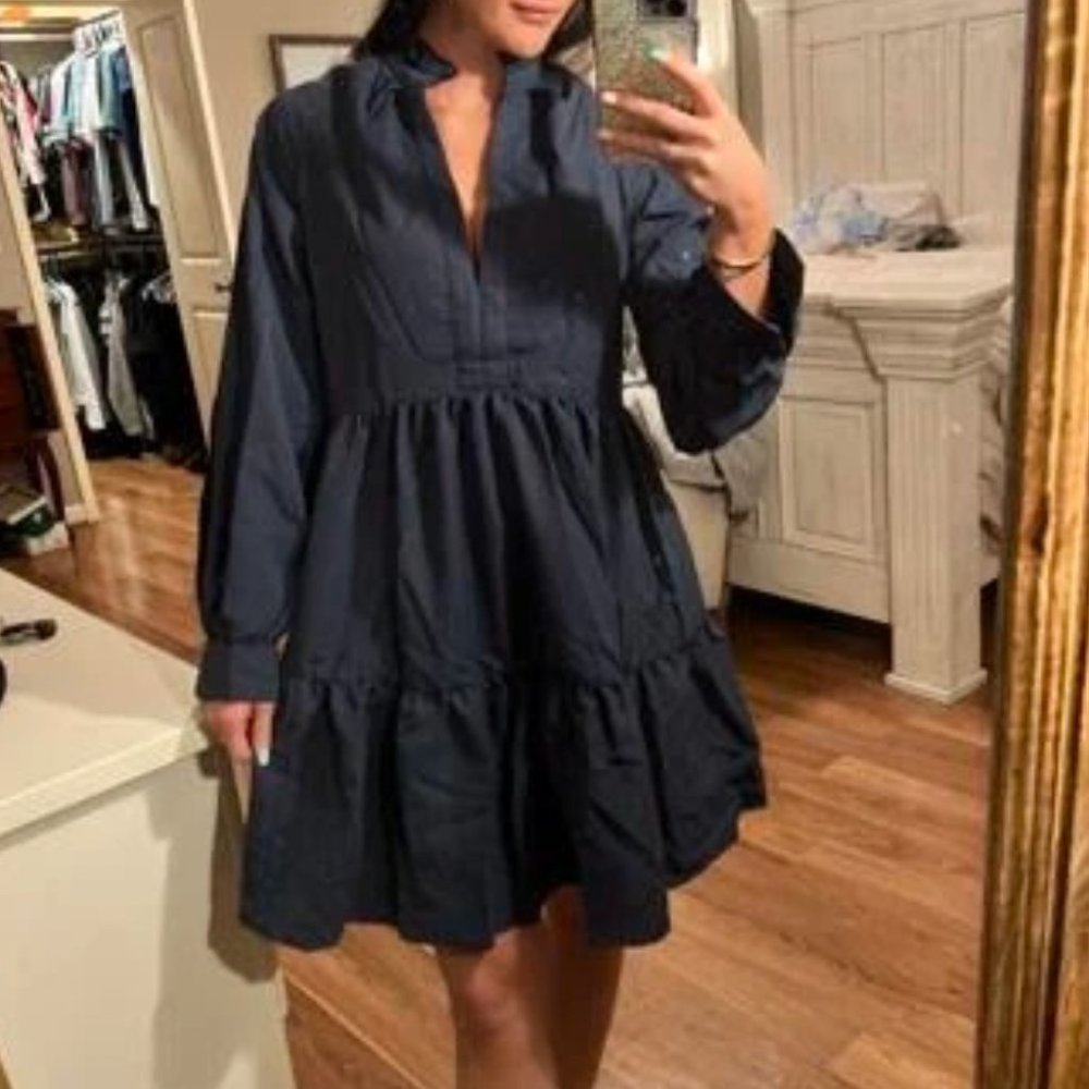 Navy Blue Babydoll Mini Long sleeved Dress - Picture 6 of 7